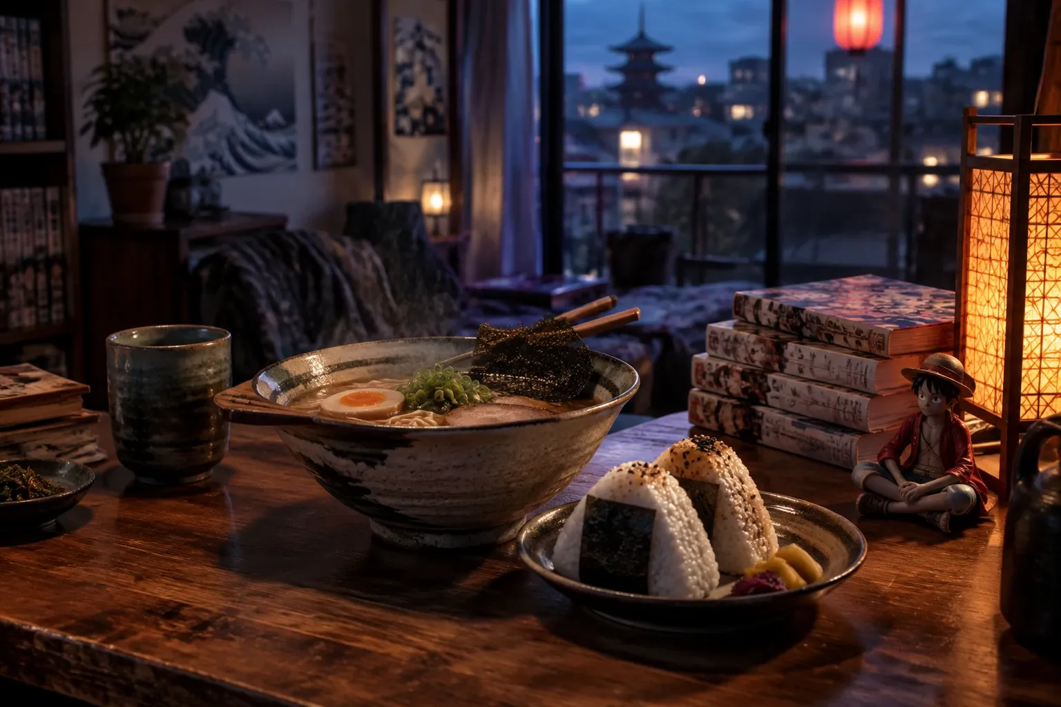 Komkommerschotel met ramenkom, onigiri, theekopje en manga op houten tafelavondlicht