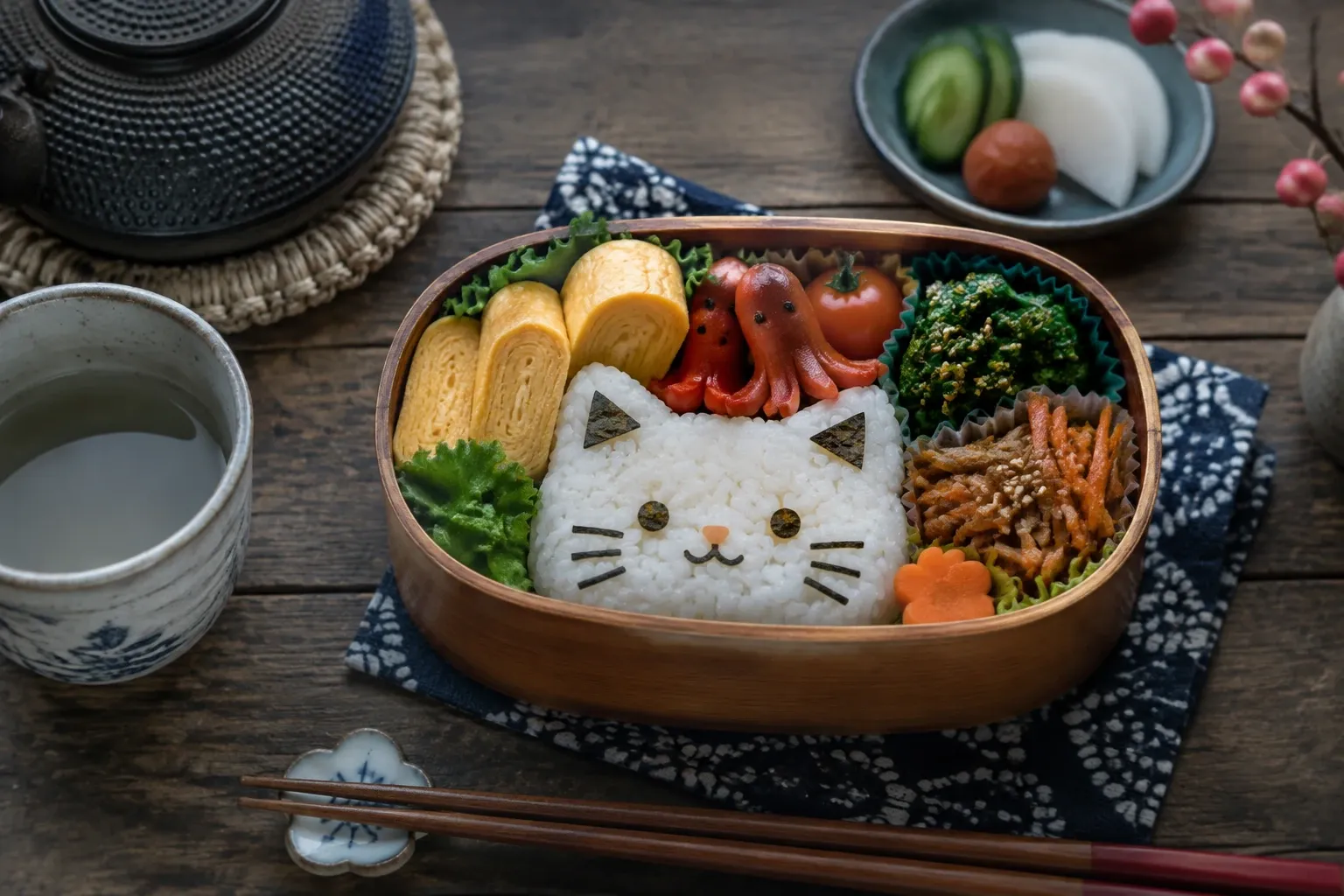 Bento met rijstkatje, tamagoyaki, octopusworstjes en groenten in houten doosje