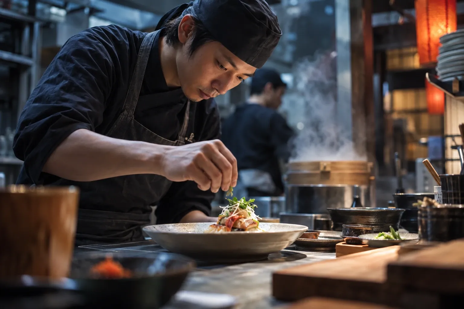 Sushi-chef werkt geconcentreerd, plaatst garnituur op zorgvuldig opgemaakt bord met visgerecht