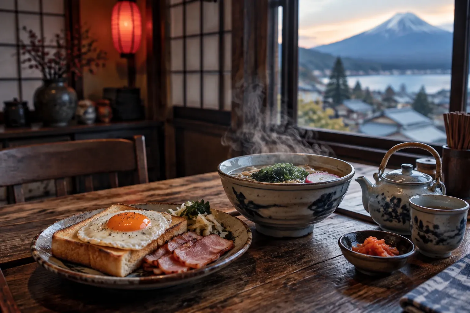 Ontbijstafel met gebakken ei op toast, spek, dampende ramen en uitzicht op berg