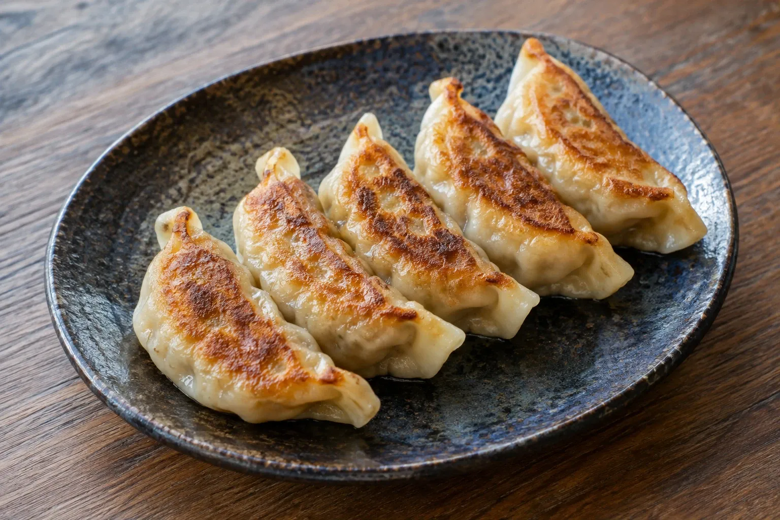 Vijf goudbruine gebakken gyoza op een donker keramisch bord, zacht daglicht vanaf rechts
