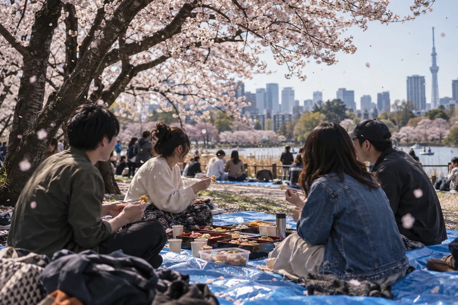 Vriendengroep picknickt op blauwe zeil onder bloeiende kersenbomen, bento en snacks zichtbaar