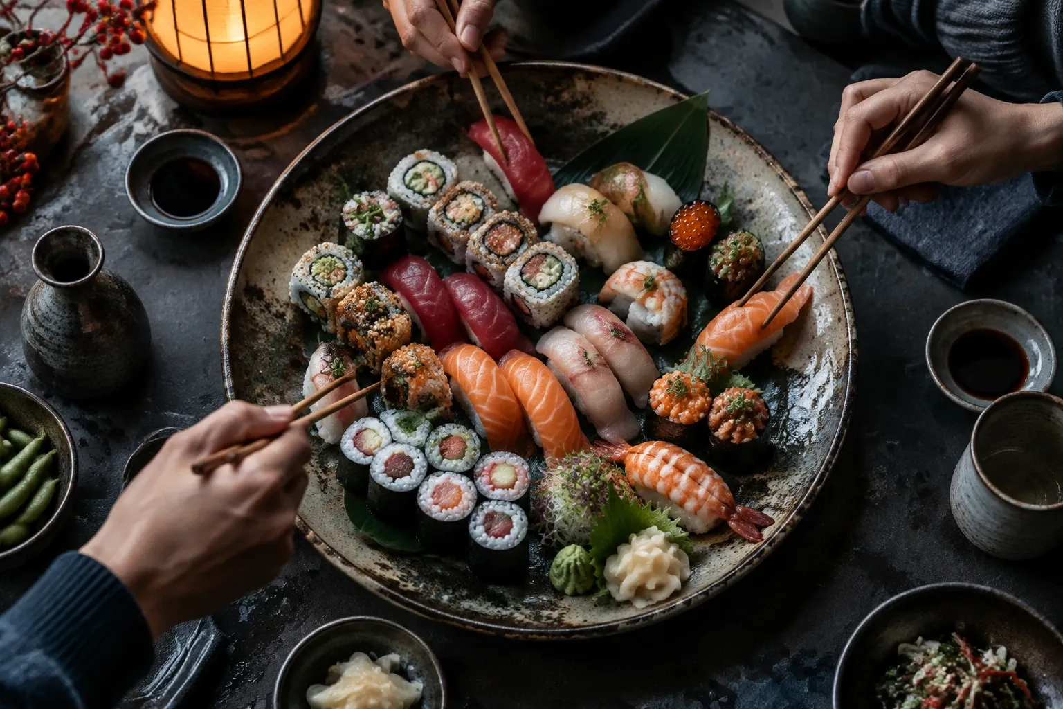 Grote schaal met gevarieerde sushi: nigiri, maki, sashimi, wasabi en gember, drie paar handen