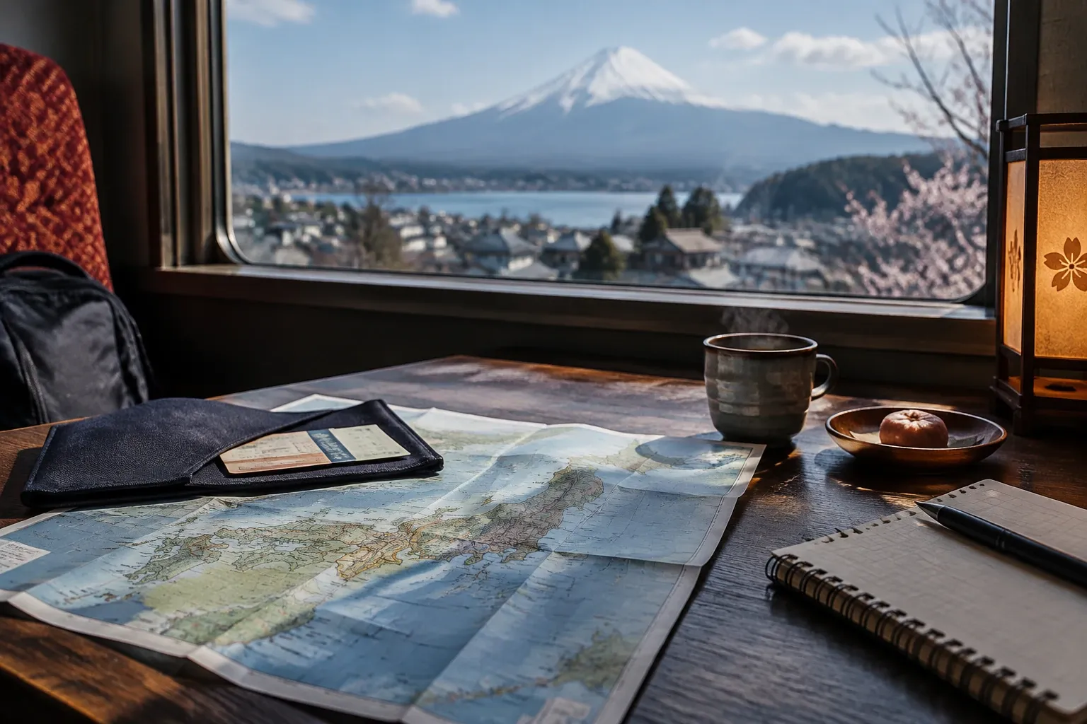 Kaart, notitieboekje en mok op tafel voor uitzicht op Mount Fuji en meer