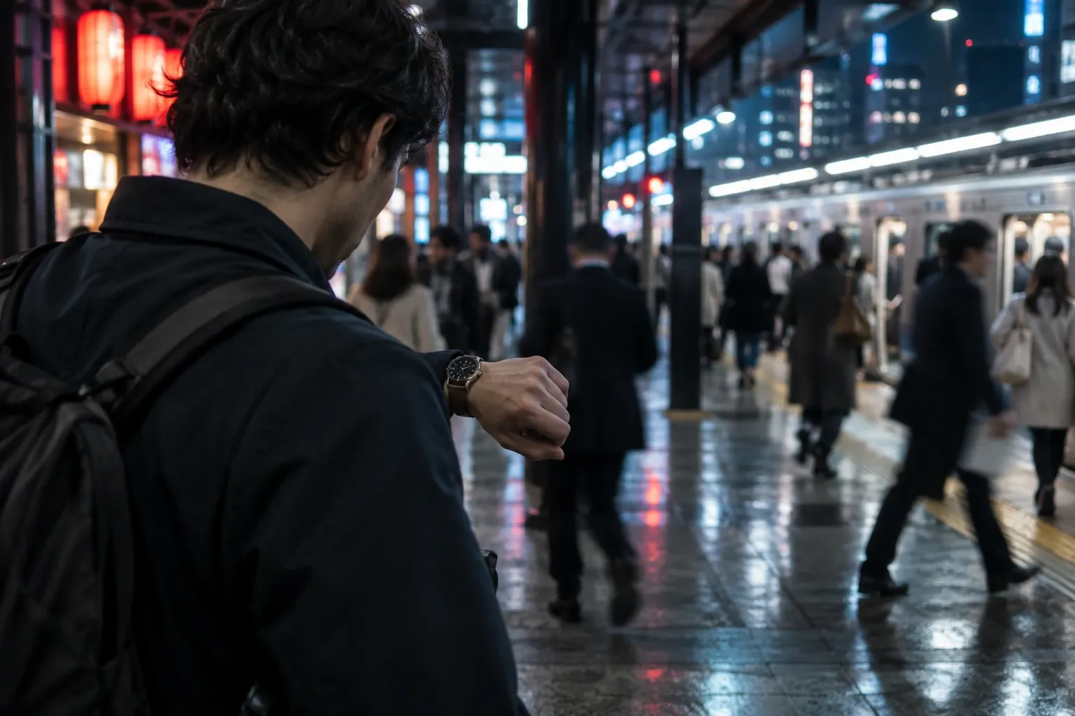 Man met rugzak kijkt op polshorloge op nat perron, forenzen en trein op achtergrond