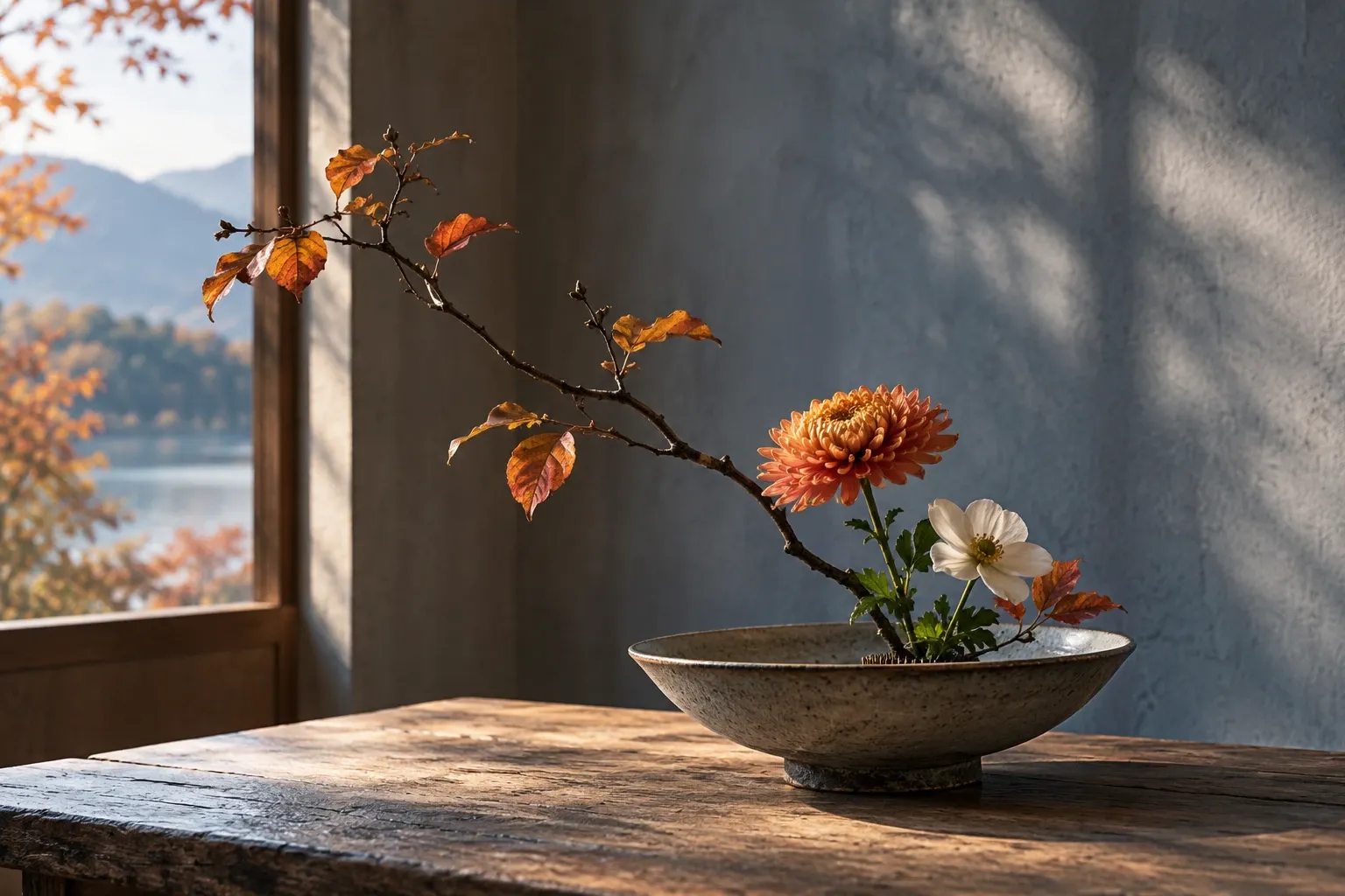 Ikebana op houten tafel: chrysant, witte bloem en tak met herfstige bladeren