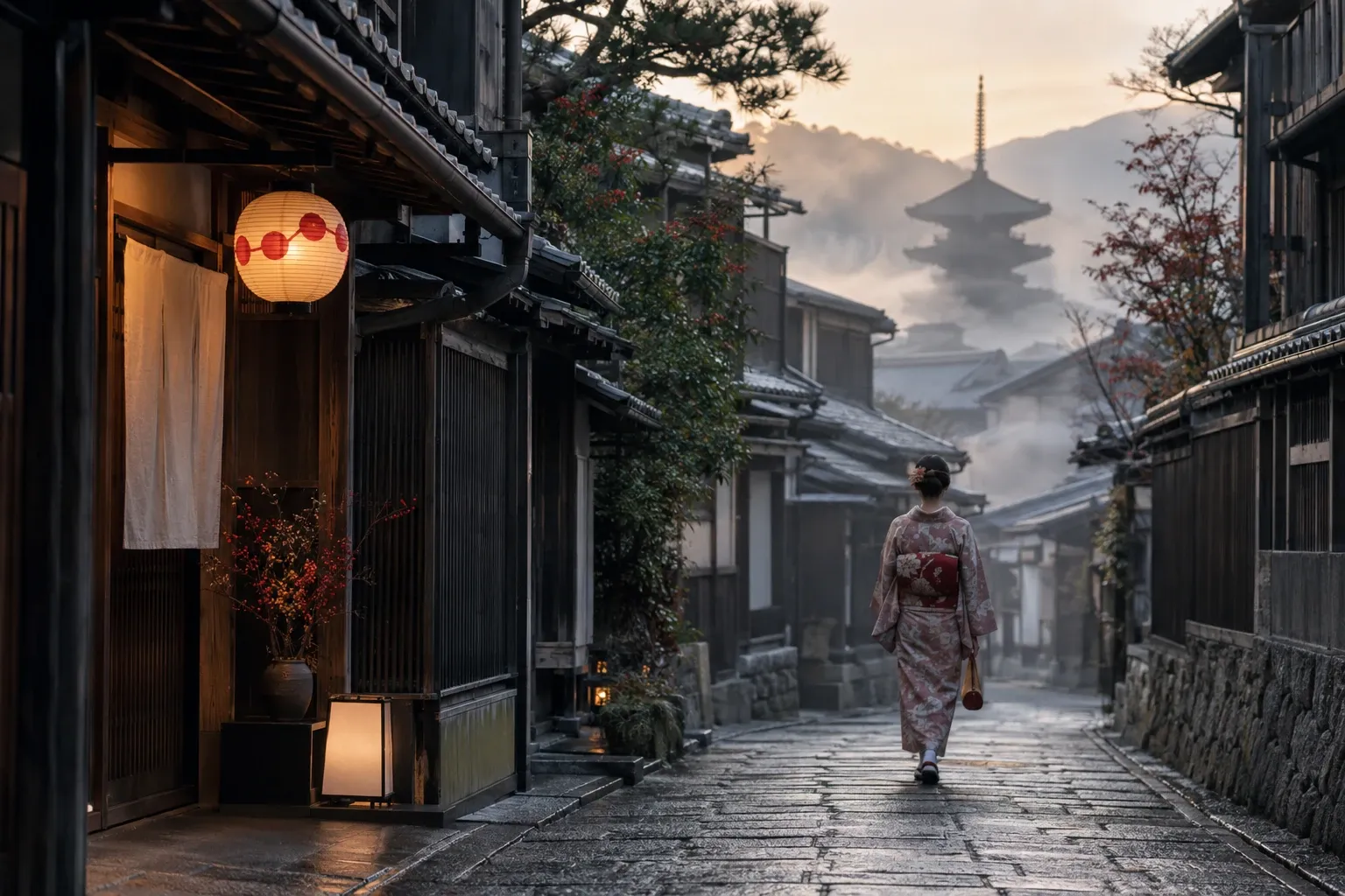 Vrouw in kimono loopt over natte straat tussen traditionele houten huizen, pagode in achtergrond