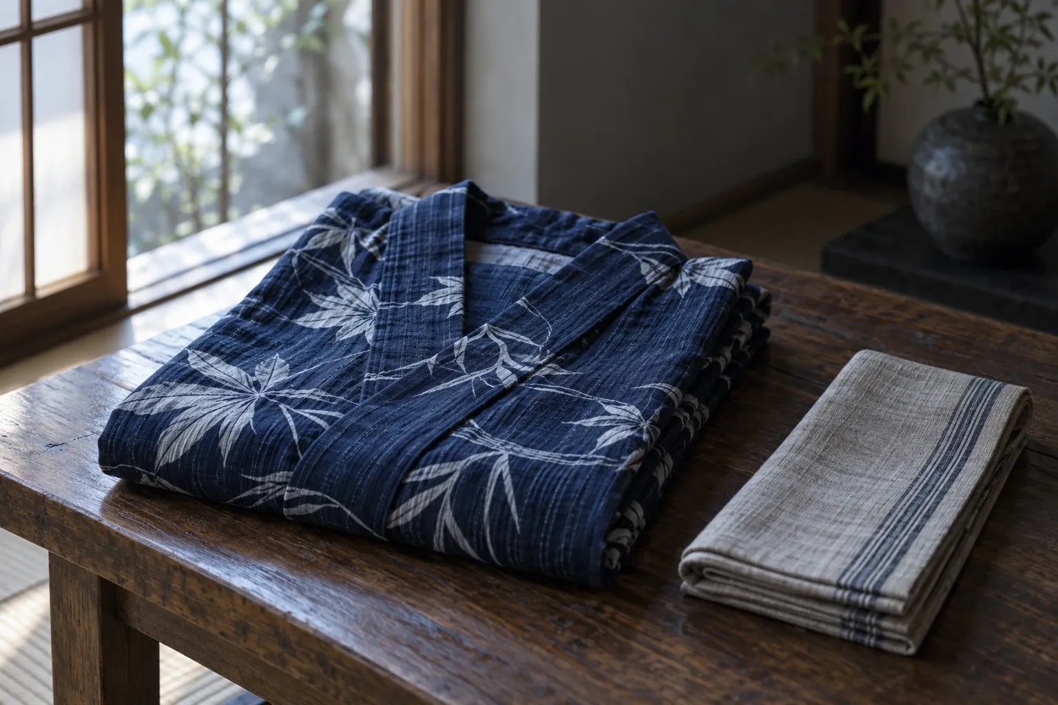 Gevouwen blauw yukata met witte bladprint op houten tafel naast gevouwen lint