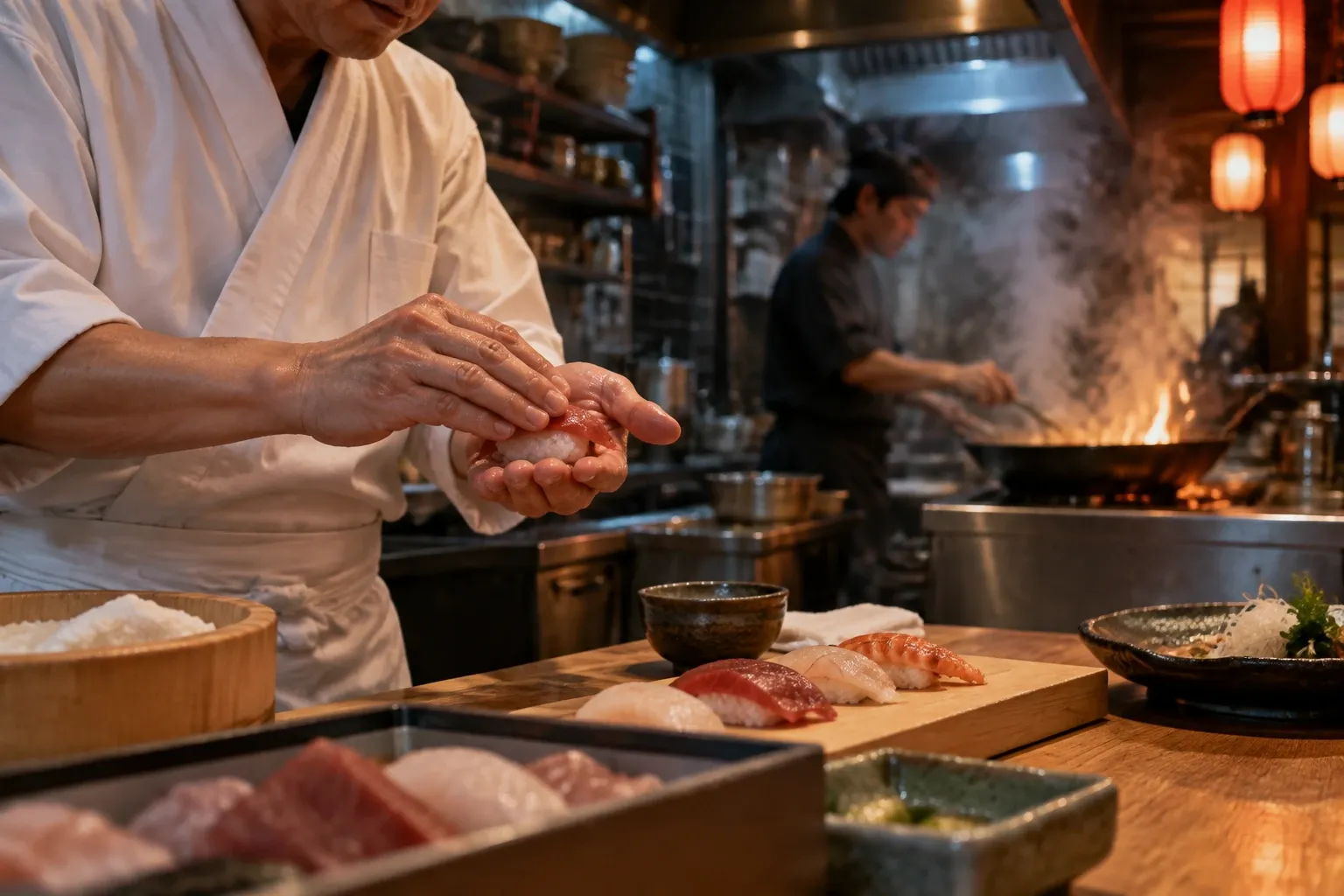 Sushi chef vormt nigiri met verse vis op houten werkbank in warme keuken
