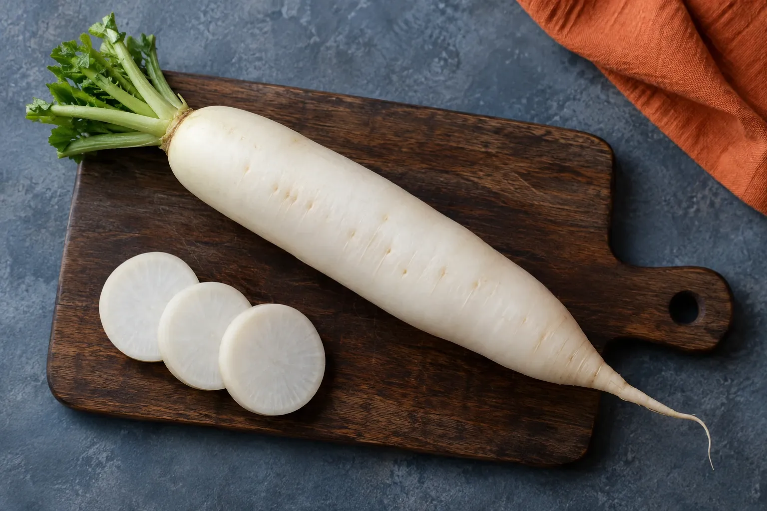 Lange witte daikon (Japanse rettich) met drie plakjes op houten snijplank, licht bovenlicht