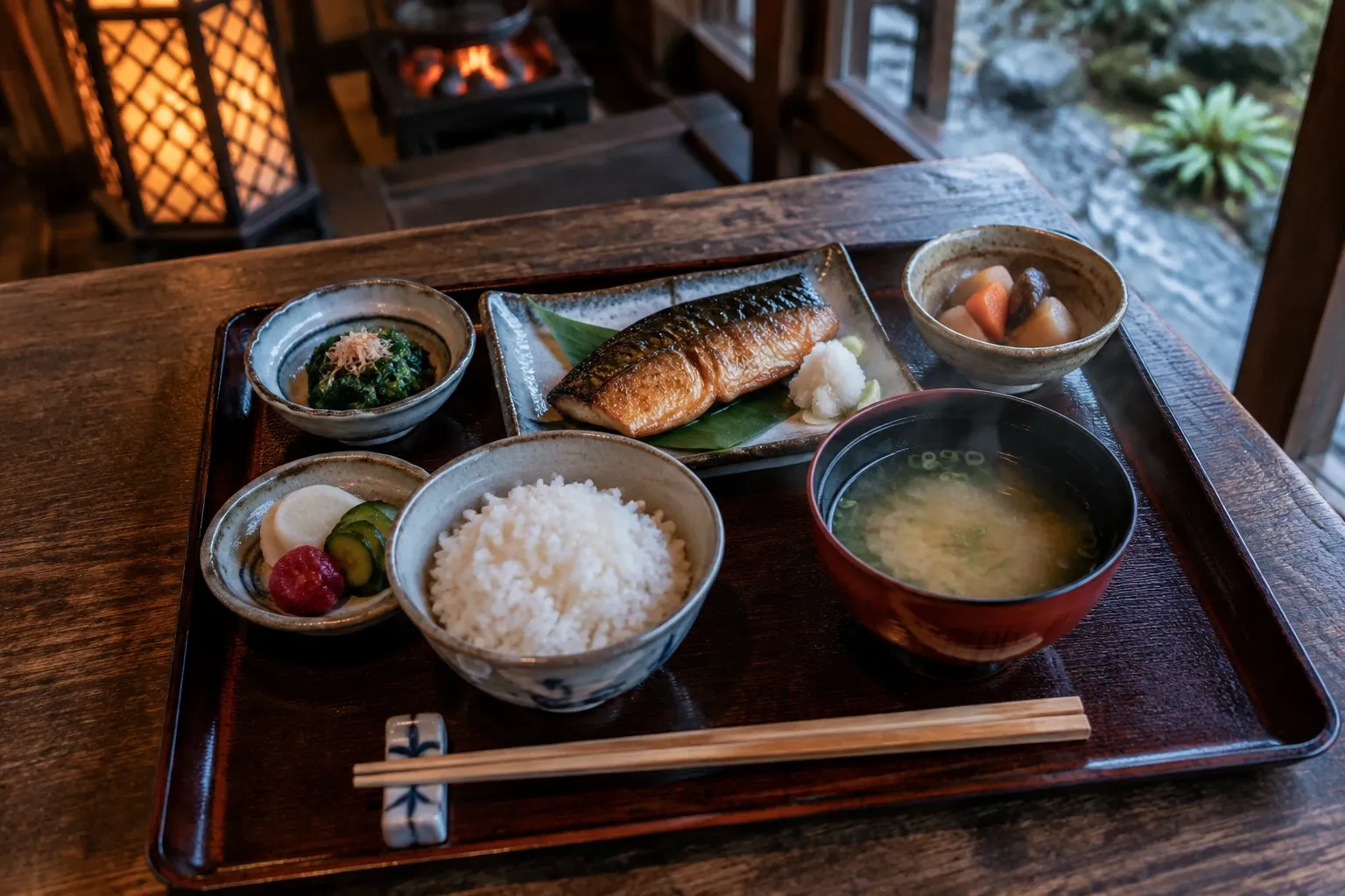 Japanse ontbijtset met gegrilde vis, rijst, misosoep, ingelegde groenten en eetstokjes