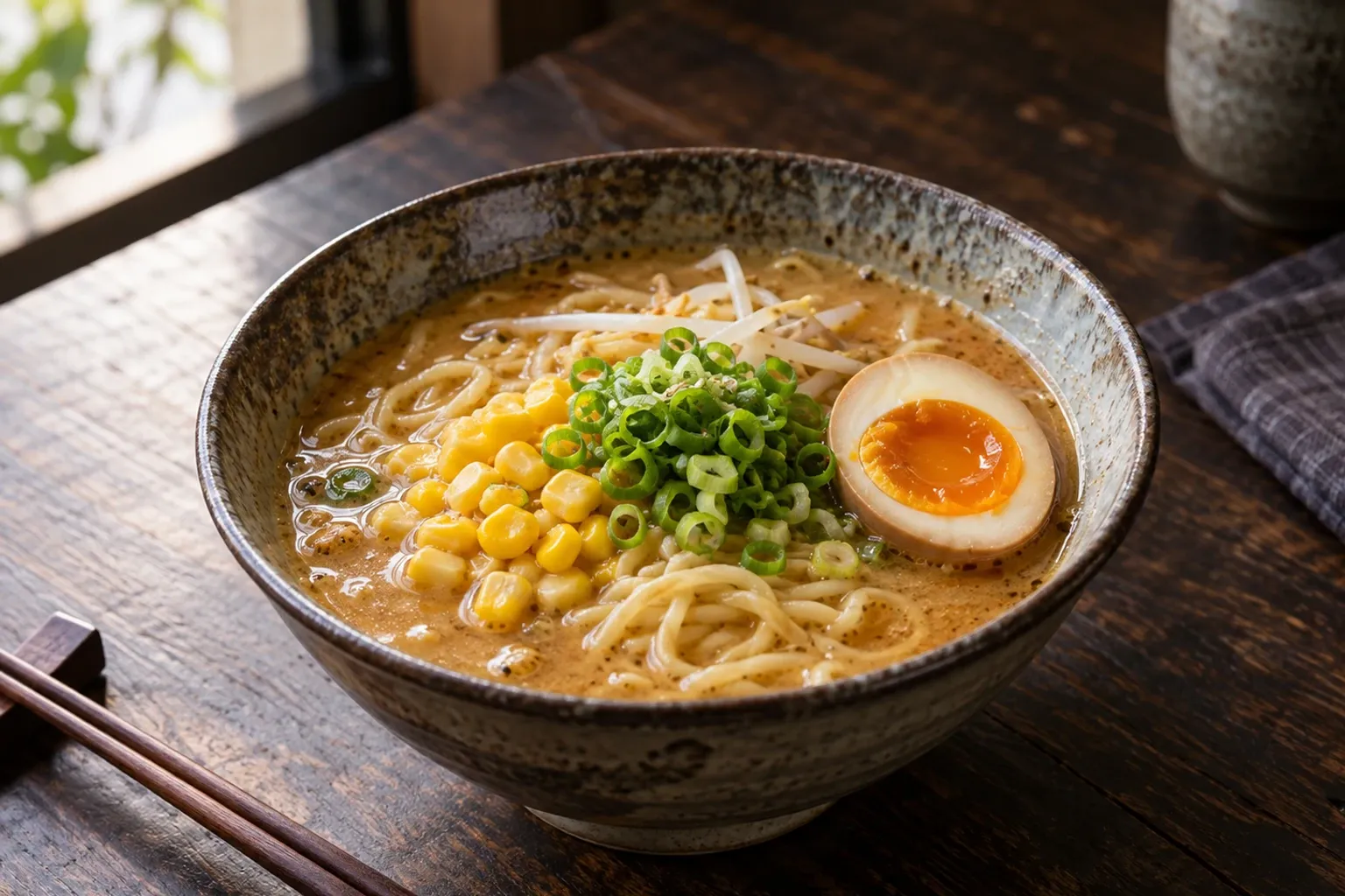 Komkomend miso ramen met maïs, taugé, lente-ui en half zachtgekookt ei