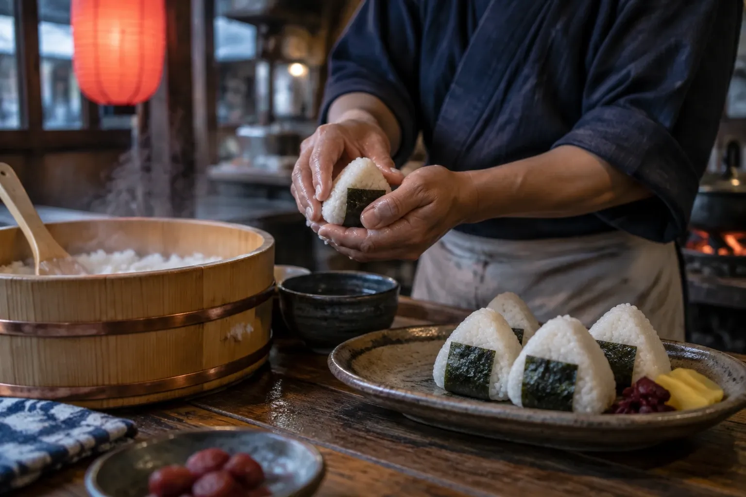 Handen vormen onigiri rijstballen bij houten kom rijst en bord met drie onigiri