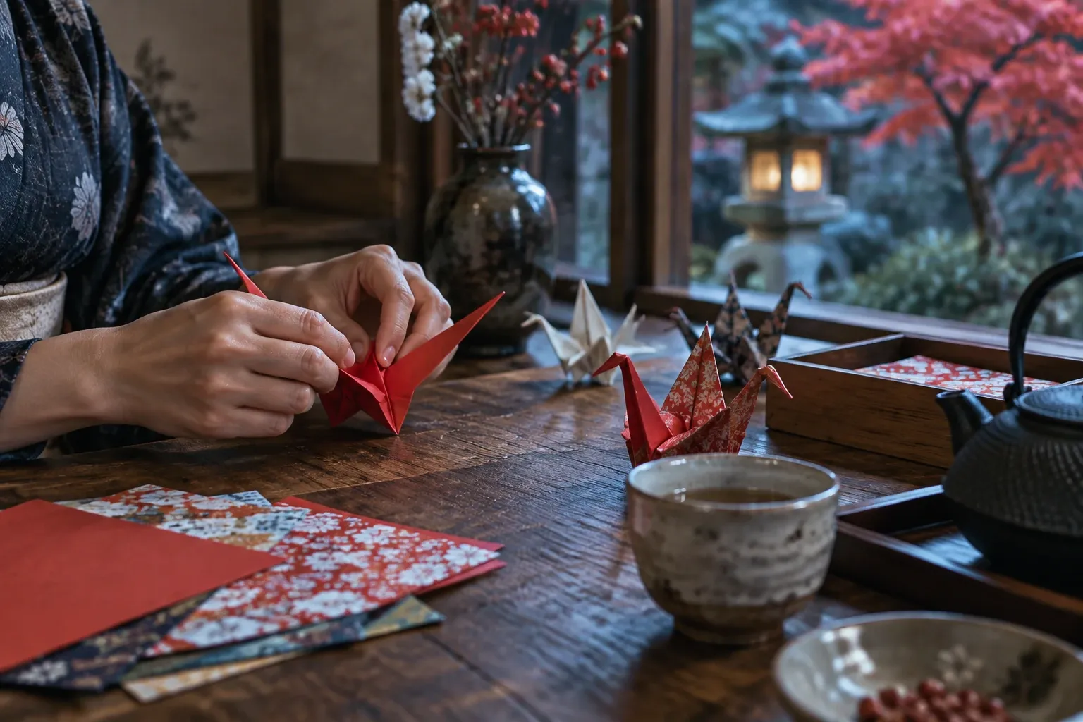 Handen vouwen rood origami kraanvogel op tafel met washi-papier en theekopjes