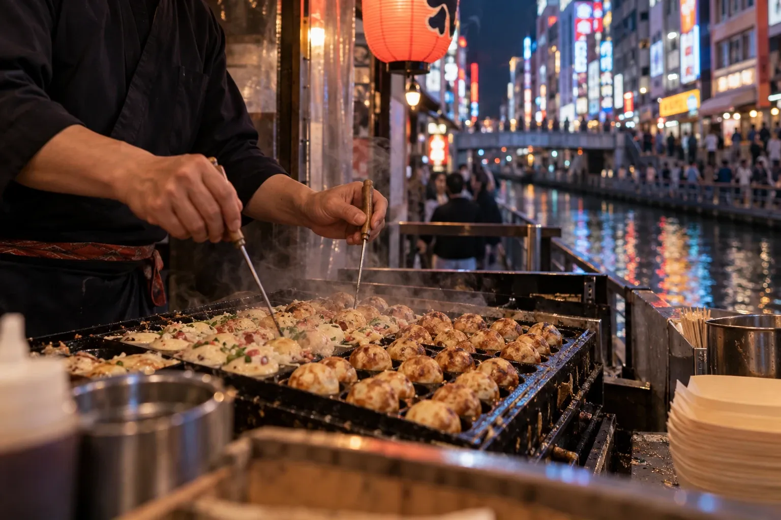 Straatverkoper draait dampende takoyaki op bakplaat langs verlichte kanaalstraat