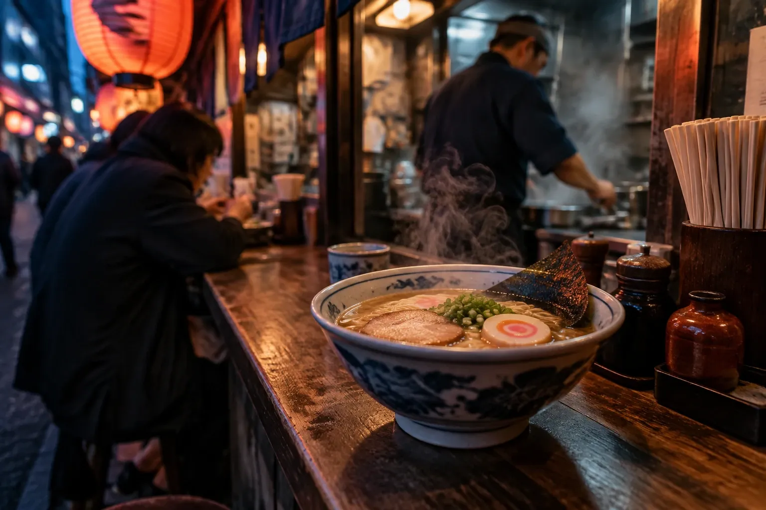 Komijnachtige ramenkom met nori, narutomaki en dampend bouillon aan barwandeling