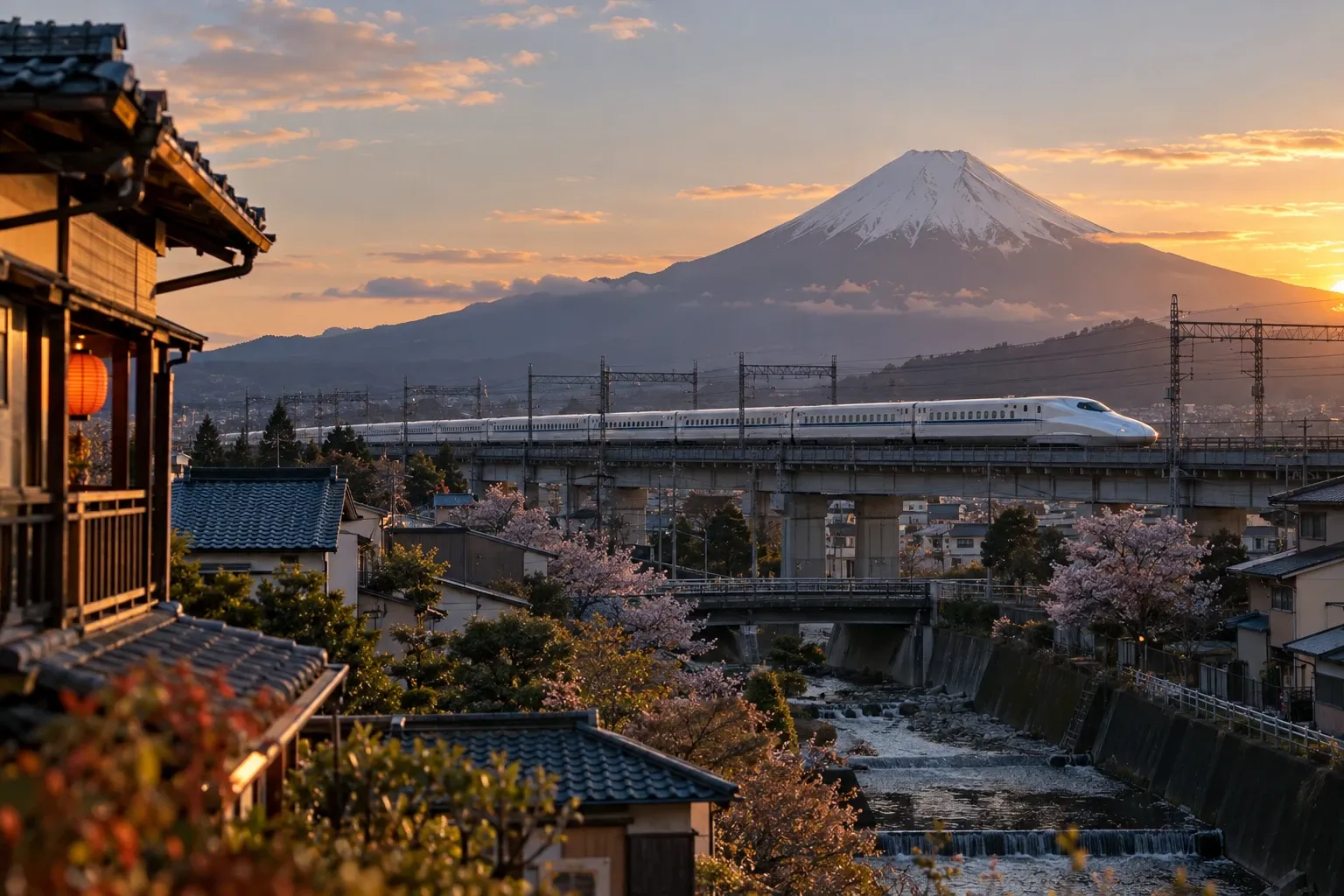 Shinkansen rijdt voorbij sakurabomen en rijstveldjes met berg Fuji tijdens zonsondergang