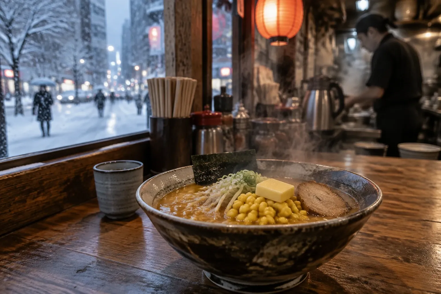 Komkommend bord miso ramen met maïs, boterblokje en chashu bij raam met sneeuw