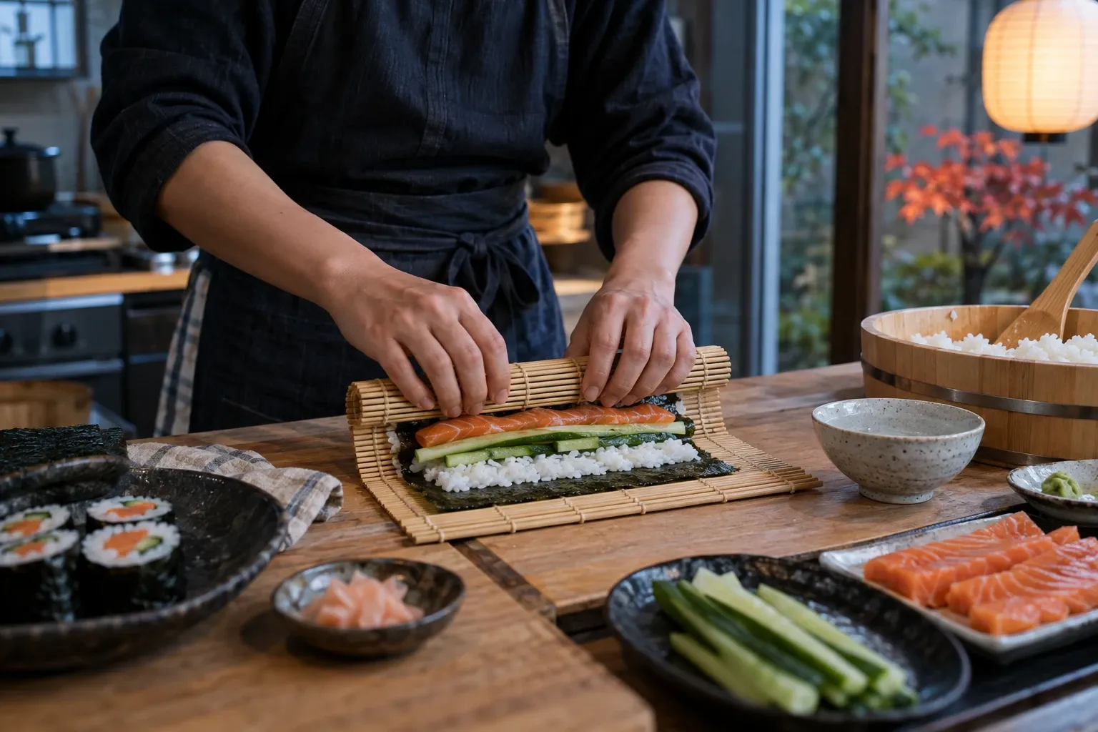 Hand rolt maki met nori, sushimat, rijst, zalm en komkommer op houten werkblad