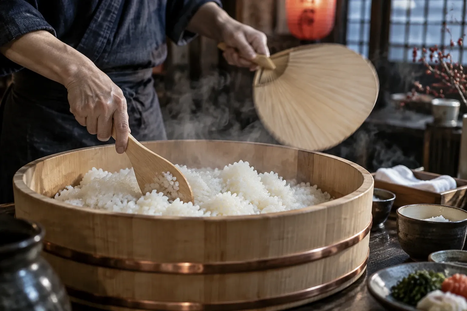 Iemand husselt gestoomde sushirijst in een houten hangiri met rijstspatel en waaier