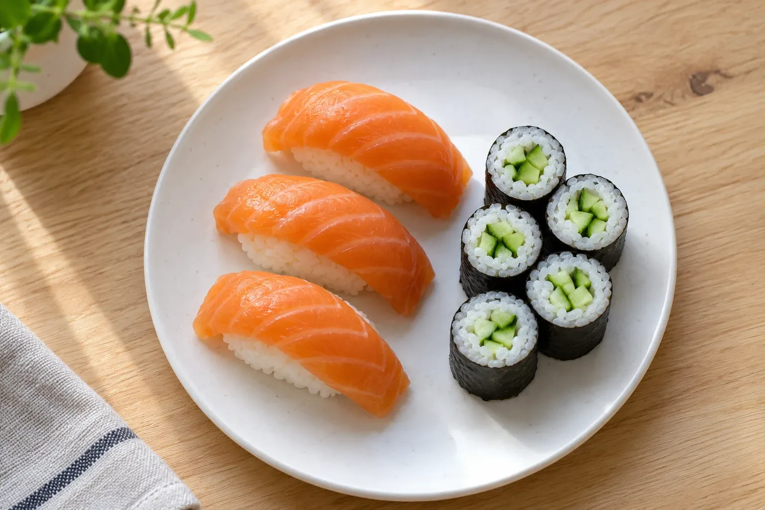 Witte schaal met drie zalm-nigiri en zes komkommer-maki op houten tafel