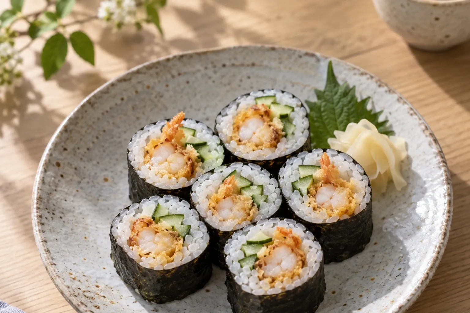 Zes tempura garnalen makirollen met komkommer, gari en shiso op bord