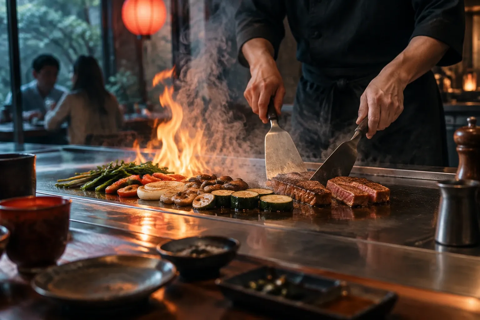 Chef bakt steak en groenten op gloeiend hete teppanyaki plaat, vlammen zichtbaar