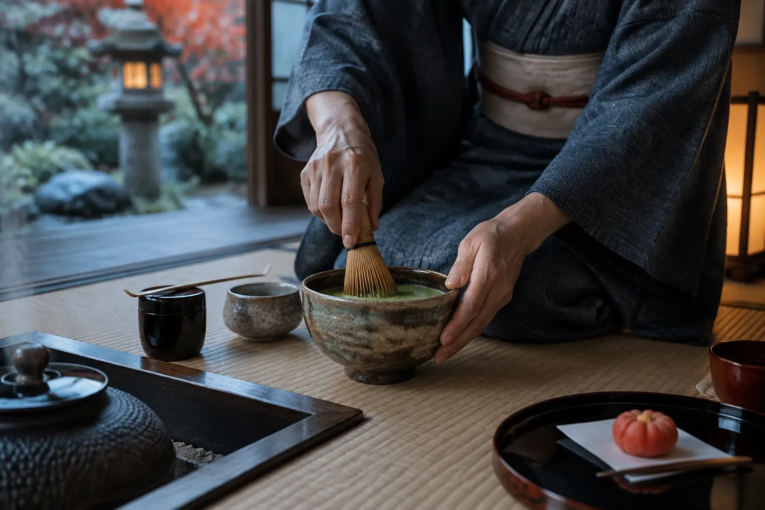 Iemand in kimono klopt matcha met een bamboechasen in een keramische chawan
