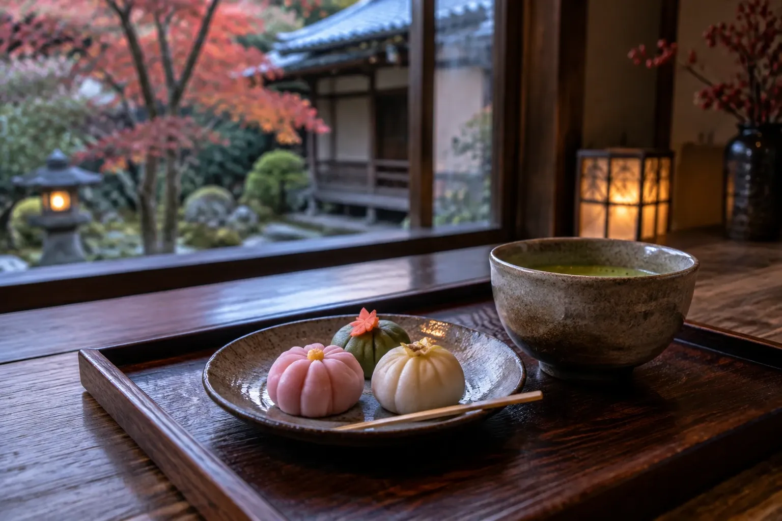 Drie kleurrijke wagashi op bordje naast kom matcha, Japanse tuin op achtergrond