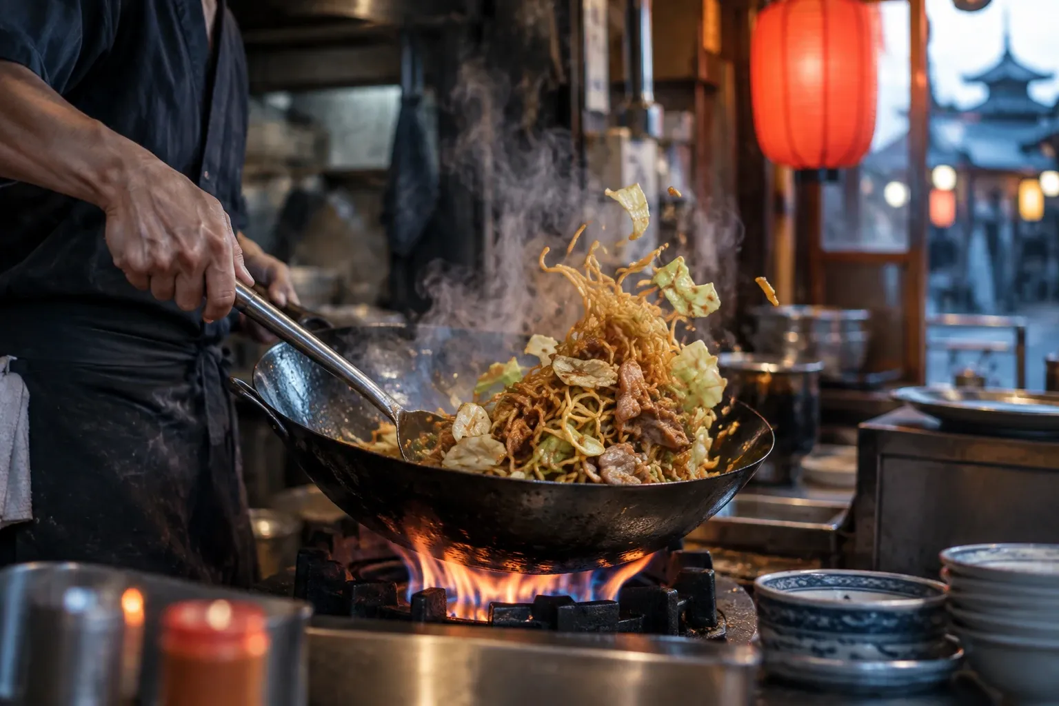 Kok roert sissende yakisoba met groenten in wok boven open vlam, restaurantkeuken sfeer
